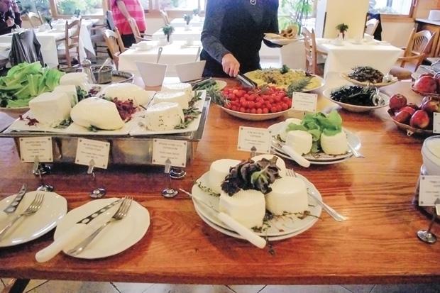 Milk from organically fed dairy animals produce a wide variety of cheeses served for breakfast at Hotel Mizpe Hayamim 