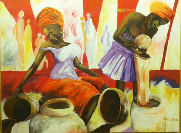 Painting by the Zambian self-taught artist Paul Banda in his exhibition From Africa with Love at Compônere Gallery of Art.
