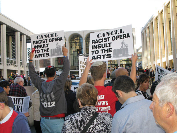 Demonstrators in New York protest the Metropolitan Opera’s decision to produce “The Death of Klinghoffer,” Sept. 22. Photo: Raffi Wineburg