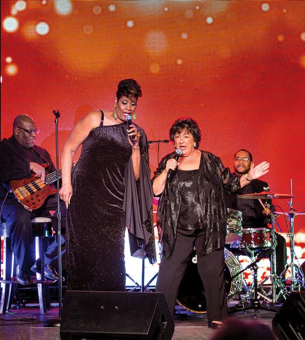 Denise Thimes (left) and Nancy Kranzberg on stage at the 24th Annual St. Louis Arts Awards.   