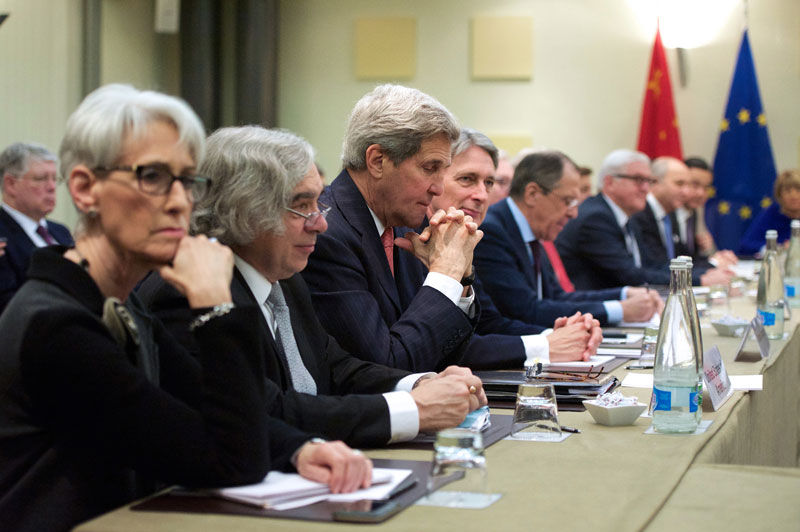 U.S. Secretary of State John Kerry, third from left, in Lausanne, Switzerland, with his counterparts from the other world powers negotiating with Iran before the nuclear talks resumed, March 30, 2015.  (U.S. State Department/Flickr)