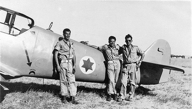 Archival photo from the documentary, ‘Above & Beyond’:  Fighter pilots Lou Lenart, Gideon Lichtman, and Modi Alonis in Israel in 1948.  
