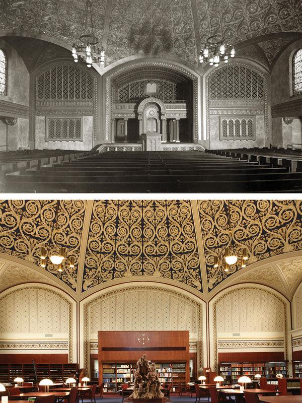 Views of the interior of the United Hebrew building on Skinker Boulevard, in 1927 and repurposed as the Missouri History Museum’s Library and Research Center in 2011.  Photos courtesy Missouri History Museum photos and prints collection  