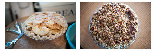 Marcia Mermelstein’s pie business, Pie in the Sky, offers an award-winning caramel apple pie (shown at left before and after baking).  File photos: Yana Hotter