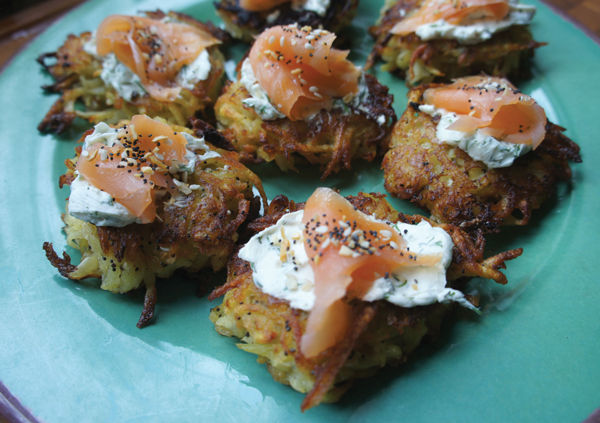 Everything+bagel+latkes+with+dill+cream+cheese+and+smoked+salmon.+Photo%3A+Shannon+Sarna
