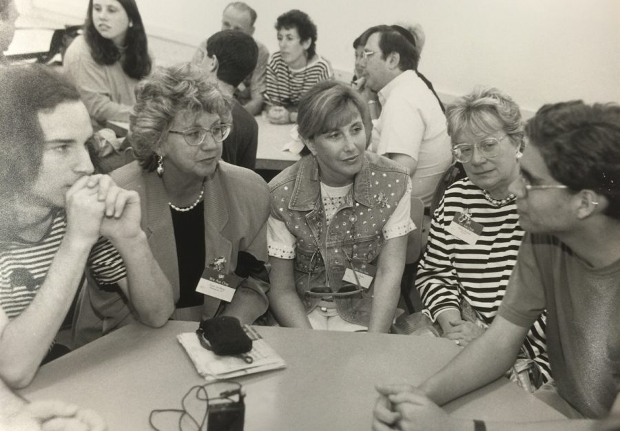 In this 1994 image, Marlyn Essman (second from right) is among a group of participants in the United Jewish Appeal National Solidarity Mission to Israel, listening to Hebrew University High School students discuss the Mideast peace process and their future in Israel. Photo: Richard Lobell 