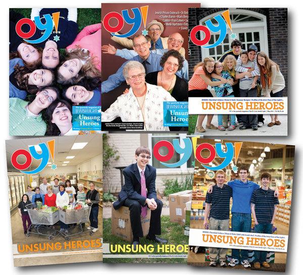 Clockwise from top-left are the  covers of Oy! Magazine - Unsung Heroes from 2010 to 2015
