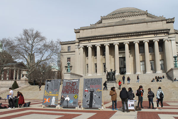 Anti-Israel students at Columbia University erected a mock “apartheid wall” in front of the iconic Low Library steps on March 3 during Israel Apartheid Week. Photo: Uriel Heilman