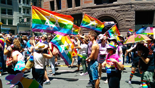 Participants in the San Francisco Pride Parade showing their Jewish and Israeli pride, too, June 30, 2014. (Wikimedia Commons)