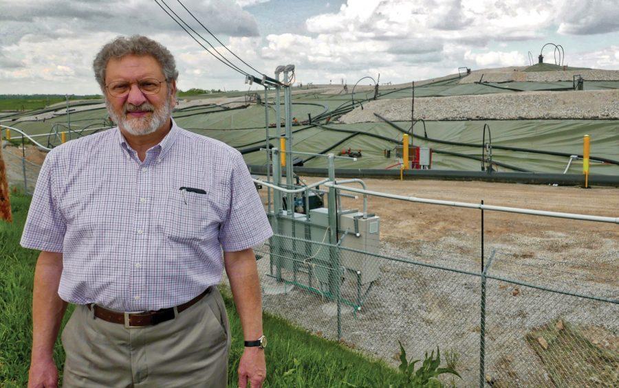 Harvey Ferdman has spent almost four years warning of the dangers lurking in the Bridgeton and West Lake landfills and pushing for permanent solutions.  Behind him is part of the Bridgeton Landfill South Quarry off Old St. Charles Road. Photo: Barry Gilbert