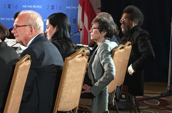 Former Congressman Howard Berman, left, and Cornel West, at right, listening to testimony at a Democratic Party platform drafting committee hearing in Washington, D.C., June 9 2016. (Ron Kampeas)