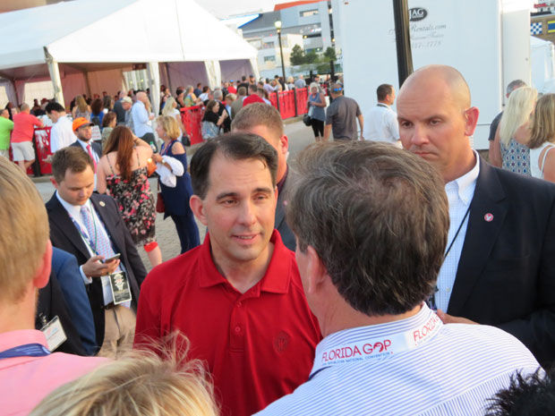 Wisconsin+Gov.+Scott+Walker+greeting+attendees+at+the+opening+bash+of+the+Republican+National+Convention+in+Cleveland%2C+July+17%2C+2016.