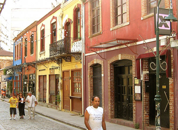 A street in the Ladadika neighborhood, which used to be the Jewish quarter in Thessaloniki, Greece. 