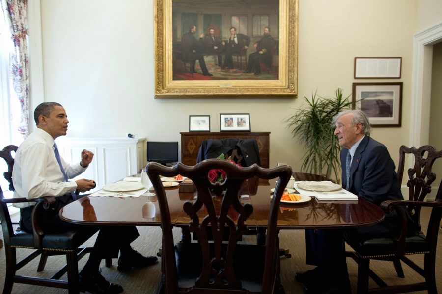 President Barack Obama lunches with Elie Wiesel in the Oval Office’s private dining room, May 4, 2010. (Official White House Photo by Pete Souza)