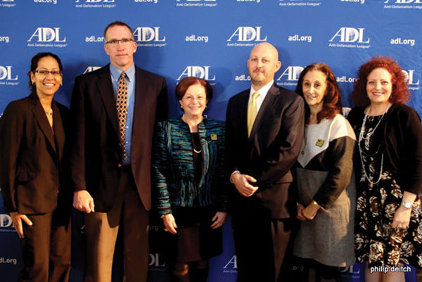 At the ADL’s  2016 Distinguished Service Awards ceremony last week are (from left:) Jennifer Winfield, Assistant U.S. Attorney, Eastern District of Missouri; Missouri State Highway Patrol Trooper Darrin Haslag;  ADL Regional Board Chair Robbye Frank;  Detective Joseph Cichacki of the St. Louis Police Department; Rabbi  Susan Talve of Central Reform Congregation; and Karen Aroesty, ADL regional director.