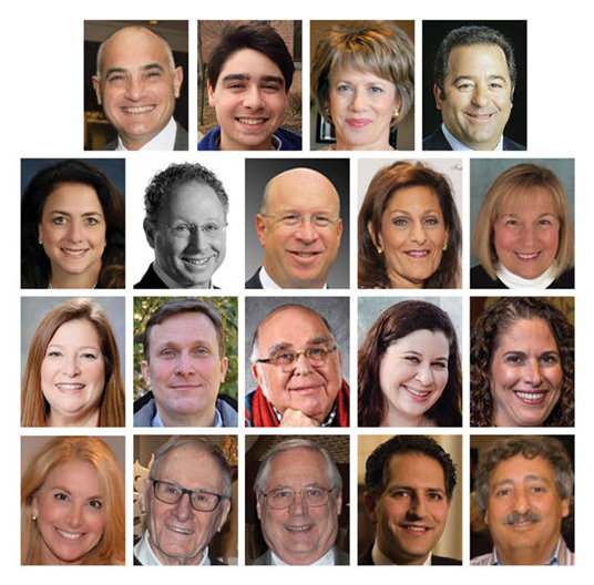 TOP ROW, FROM LEFT:  Mitch Baris, (Nadiv) Levi Rose, Robin Feder and Jeff Fox. SECOND ROW: Ellen Levy Siwak, Marshall Cohen, Barry Glantz, Jan Goldstein and Sally Katzif. THIRD ROW: Ellen Alper, Nick Smith, Steven Woolf, Sarah Falkoff and Jayme Fingerman. FOURTH ROW:  Linda Horwitz, Leonard Adreon, Gary Follman, Eric Weitz and Harvey Wolf.