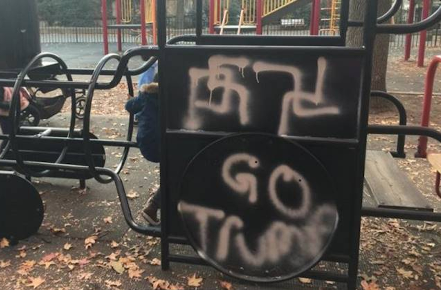 A+children%E2%80%99s+playground+in+Brooklyn+Heights%2C+New+York+was+vandalized+with+a+swastika+in+November+2016.+%28Screenshot+from+Twitter%29