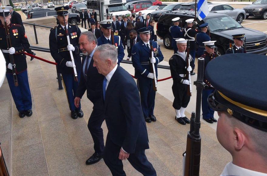 Israeli+Defense+Minister+Avigdor+Liberman%2C+left%2C+entering+the+Pentagon+with+U.S.+Defense+Secretary+James+Mattis%2C+March+7%2C+2017.%C2%A0