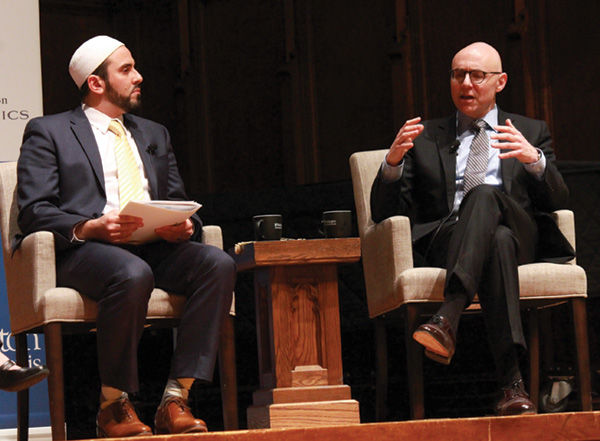 More than 200 people gathered March 8 at Graham Chapel at Washington University to hear Andrew Rehfeld, president and CEO of Jewish Federation of St. Louis, and Tarek El Messidi, founding director of Celebrate Mercy, a Muslim advocacy organization, discuss the response to the cemetery vandalism and how the Jewish and Muslim communities can continue to work together. The two organizations raised several hundred thousand dollars to help Chesed Shel Emeth Jewish cemetery make repairs to the 154 damaged headstones and upgrade its security. Photo: Eric Berger