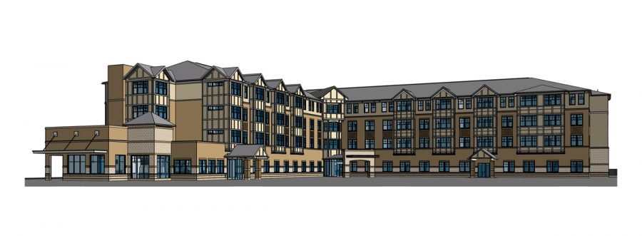An artist’s rendering of a new four-story building that will be constructed on the site of the now-empty Covenant I building, which will be demolished next month. The new building will be named in honor of the family of Paul and Elissa Cahn. 