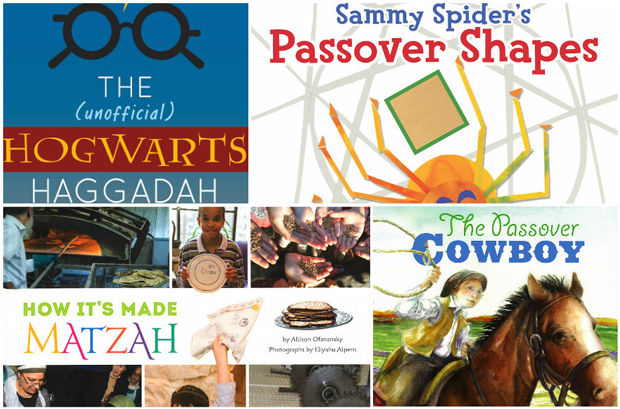 From top left: “The (unofficial) Hogwarts Haggadah” (Moshe Rosenberg); “Sammy Spider’s Passover Shapes” (Kar-Ben); “Passover Cowboy” (Apples and Honey Press); “How It’s Made: Matzah” (Apples and Honey Press)