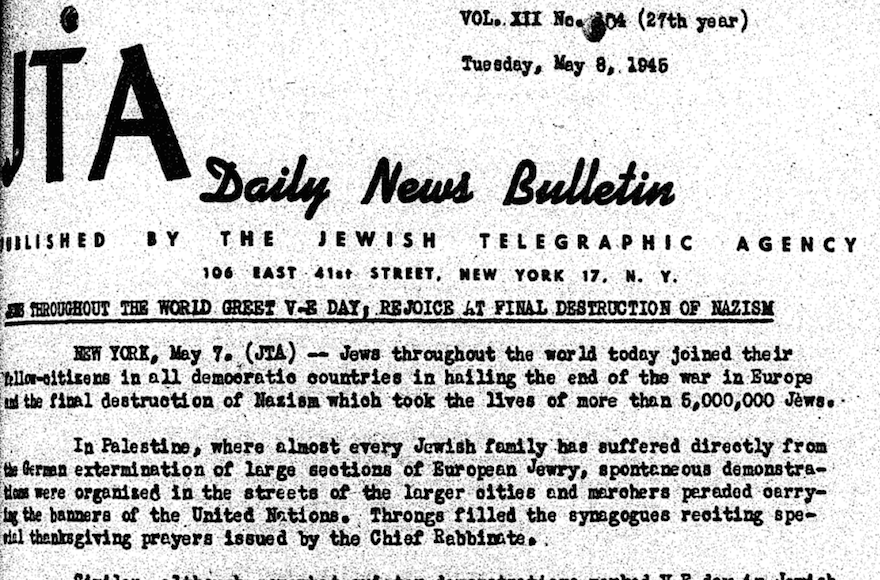 The JTA’s Daily News Bulletin from May 8, 1945 announces the end of World War II in Europe. (JTA)