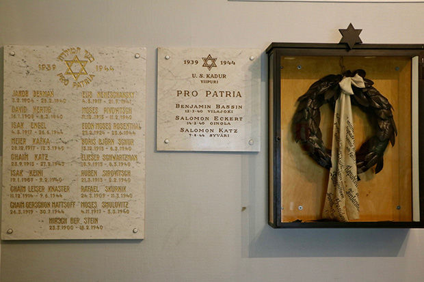 A plaque in a Jewish school in Helsinki commemorates soldiers who died in World War II.