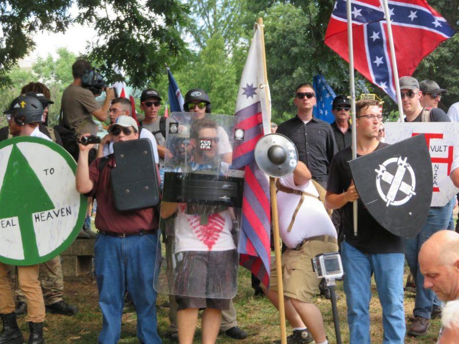 White supremacists meet in Charlottesville, Va. on August 12, 2017 (Ron Kampeas)