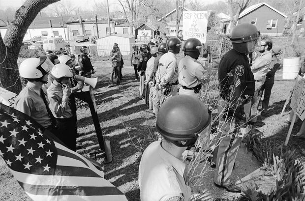 Police officers keep the peace at an April 3, 1976 neo-Nazi rally in the north St. Louis county municipality of Breckenridge Hills. Photo: David Henschel