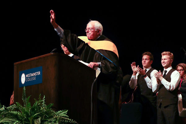 U.S. Sen. Bernie Sanders, I-Vt., waves to the audience at Westminster College in Fulton, Mo., on Sept. 21.  Sanders laid out his vision for foreign policy during his speech.  Photo courtesy Westminster College