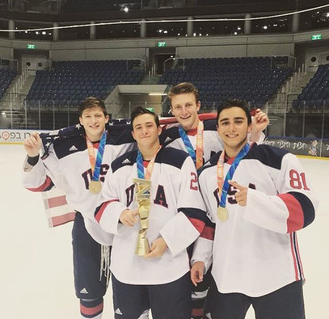 Jacob+Lefton+%28second+from+right%29+celebrates+winning+gold+with+his+teammates+after+Maccabiah+Games+in+Jerusalem.+Photo+courtesy+of+Lefton.