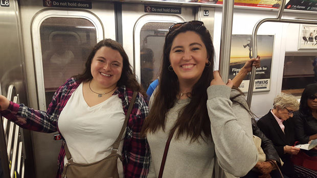 Sarena Krojanker (left) and Hannah Turner on the subway in New York City during the Chabad trip.