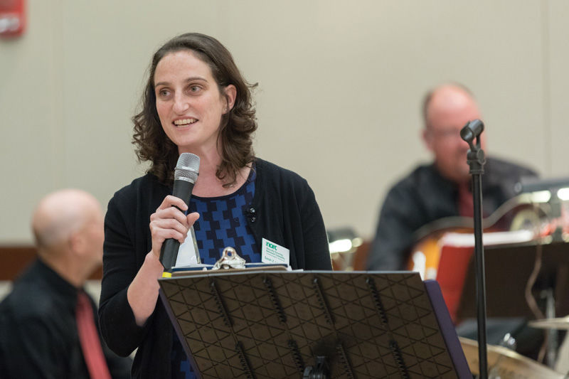 In late August, new St. Louis NORC Director Sarah Levinson speaks at a dance event at the Jewish Community Center for NORC residents. Photo: Zach Dalin, courtesy of Jewish Federation of St. Louis