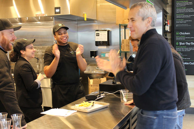 Shake+Shack+founder+Danny+Meyer+congratulates+his+staff+on+a+dish+a+few+days+before+the+opening+of+the+restaurant+in+the+Central+West+End.+Photo%3A+Eric+Berger