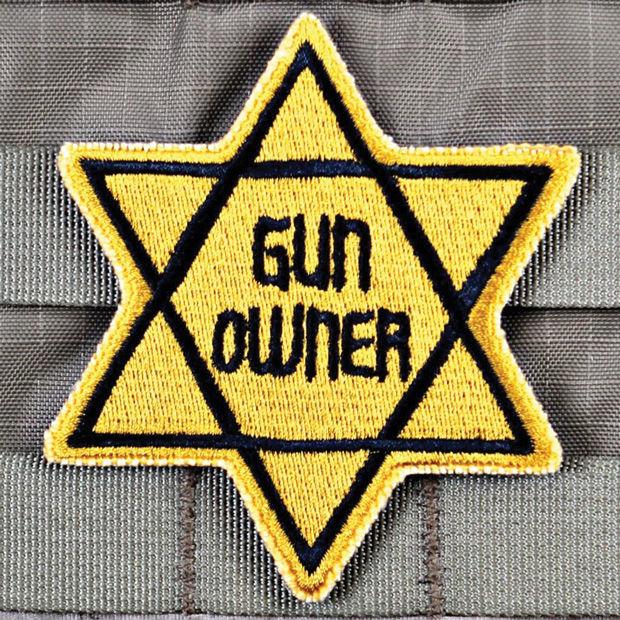 Screenshot image of the Holocaust-style  ‘Gun Owner’ patch recently for sale at a St. Peters gun store.