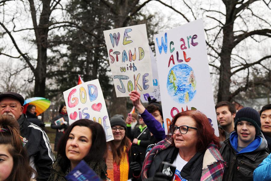 Local students staged a counterprotest to oppose picketers from the Westboro Baptist Church outside John Burroughs on Monday. Photo: Hallie Williams