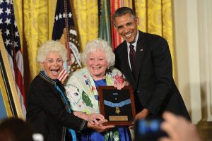 President Barack Obama presents Ina Bass, left, and Elsie Shemin-Roth with the Medal of Honor for their father, Army Sgt. William Shemin, at the White House in 2015. Sgt. Shemin was recognized for risking his life during World War I to save the lives of others. Photo: Department of defense/Lisa Ferdinando