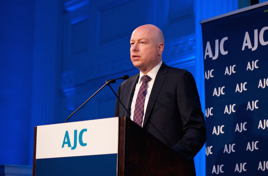 Jason Greenblatt addresses the American Jewish Committee’s Women’s Leadership Board spring luncheon in New York, April 24, 2018. (Ellen Dubin Photography)