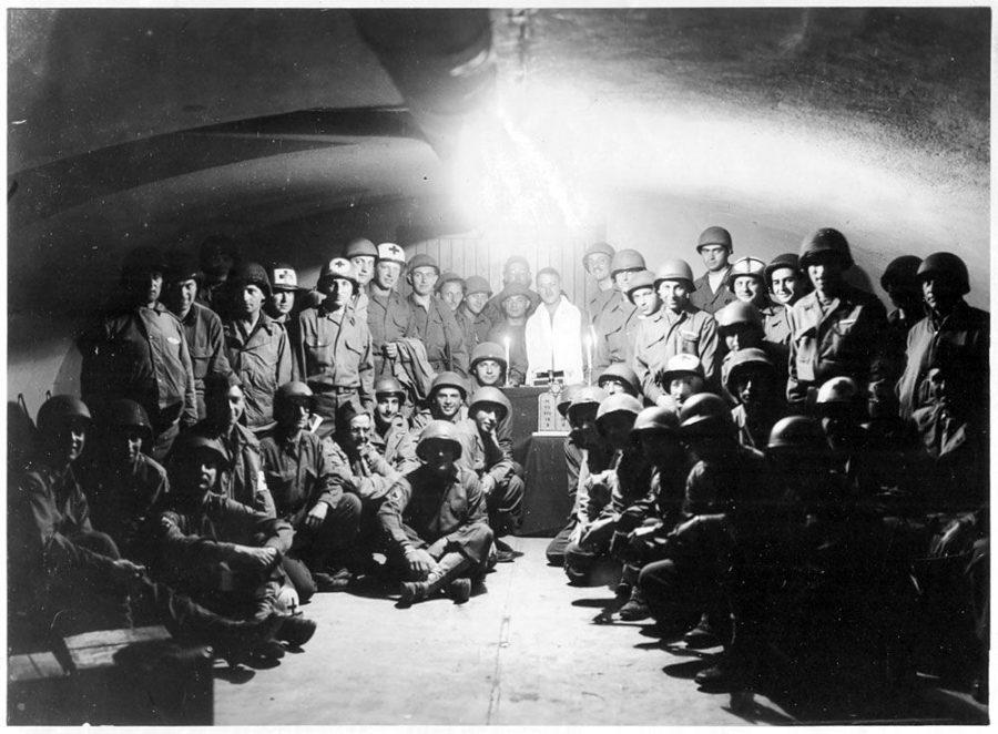 Men from the 329th Infantry at Rosh Hashanah Eve services in 1944 at a location between Beaugency and Orleans, France. The image is featured in the new PBS documentary ‘GI Jews: Jewish Americans in World War II,’ which airs in St. Louis at 9 p.m. April 11 on the Nine Network. Photo courtesy National Museum of American Jewish Military History