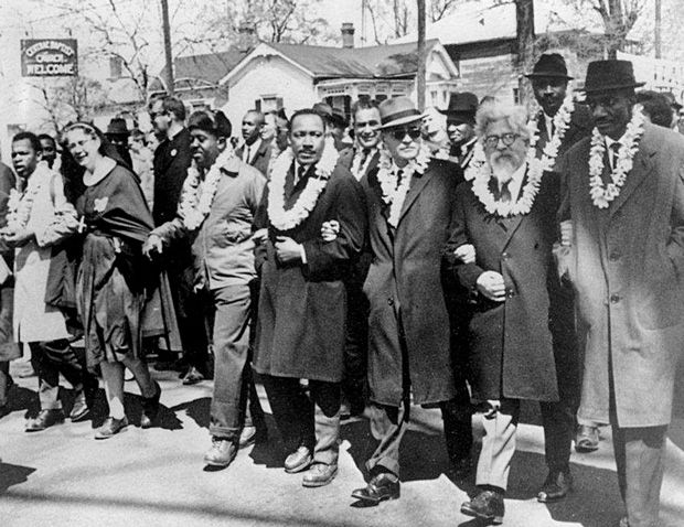 Rabbi Abraham Joshua Heschel (second from right), marches at Selma with Rev. Martin Luther King, Jr., Ralph Bunche, Rep. John Lewis, Rev. Fred Shuttlesworth and Rev. C.T. Vivian. (Courtesy of Susannah Heschel)