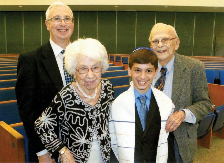 Ken Schwartz (left) and his son, Micah, are shown with grandparents Dorothy and Mel Schwartz in 2015 at the time of Micah’s bar mitzvah. Mel passed away in May 2016. With weekly visits, Micah has maintained his special connection with his grandmother, who has Alzheimer’s.