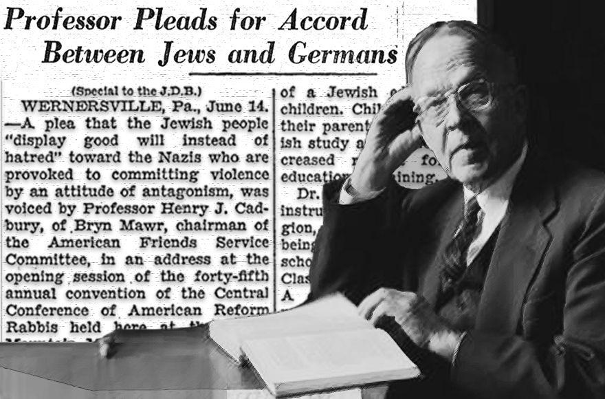 Henry Cadbury suggested that Jews were “only increasing the severity” of Hitler’s policies in 1934. (Charles Dunst/JTA illustration)