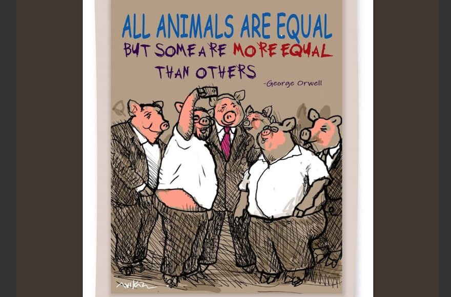 Avi+Katz%E2%80%99s+cartoon+in+the+Jerusalem+Report+depicted+Israeli+lawmakers+as+pigs%2C+under+a+quote+from+George+Orwell%E2%80%99s+%E2%80%9CAnimal+Farm.%E2%80%9D+%28Twitter%29