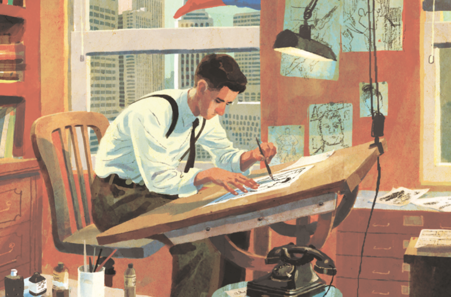 An image from the cover of “The Joe Shuster Story: The Artist Behind Superman,” by Julian Voloj and illustrated by Thomas Campi. (Super Genius)