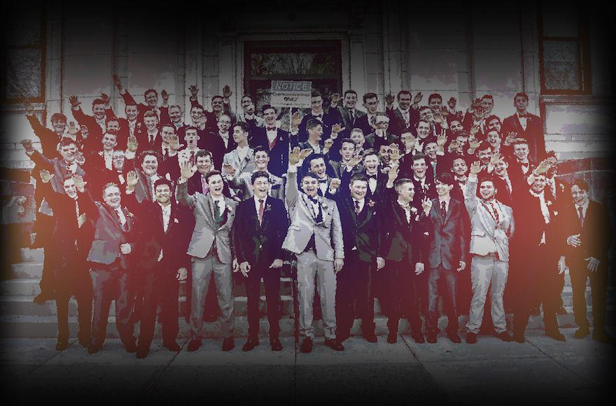 Boys from a high school in Baraboo, Wisconsin were criticized for giving what appears to be a Nazi salute during a group picture. (JTA Collage/Twitter)