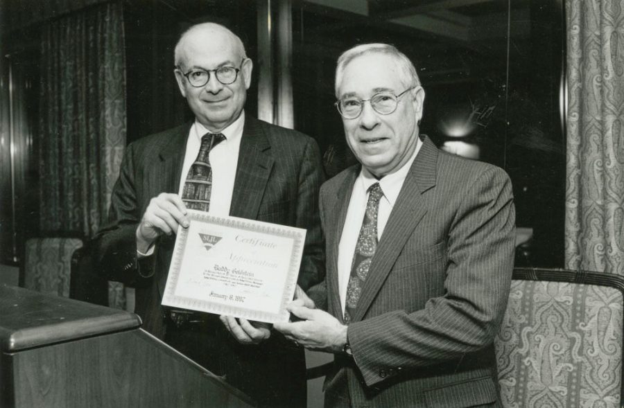 Robert+A.+Cohn%2C+then+editor-in-chief%2Fpublisher+of+the+Jewish+Light%2C+presents+a+certificate+of+appreciation+to+Buddy+Goldstein+in+recognition+of+his+30th+year+as+a+member+of+the+Light+staff.