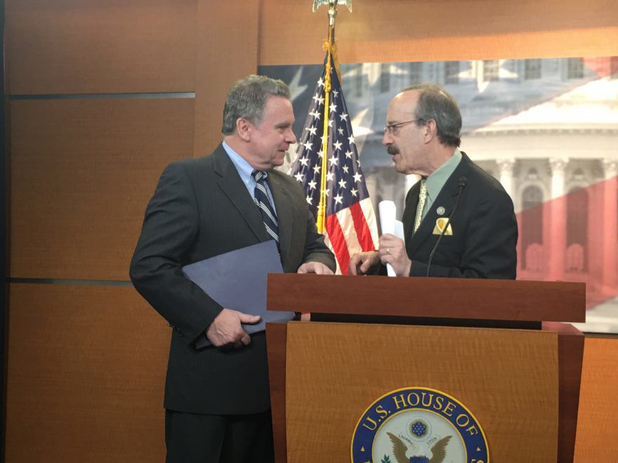 Rep. Chris Smith, R-N.J). left, and Rep. Eliot Engel, D-N.Y., confer in the Capitol in Washington D.C. after releasing a letter to President Trump demanding more action to combat anti-Semitism on March 2 2017. Photo: Ron Kampeas/JTA