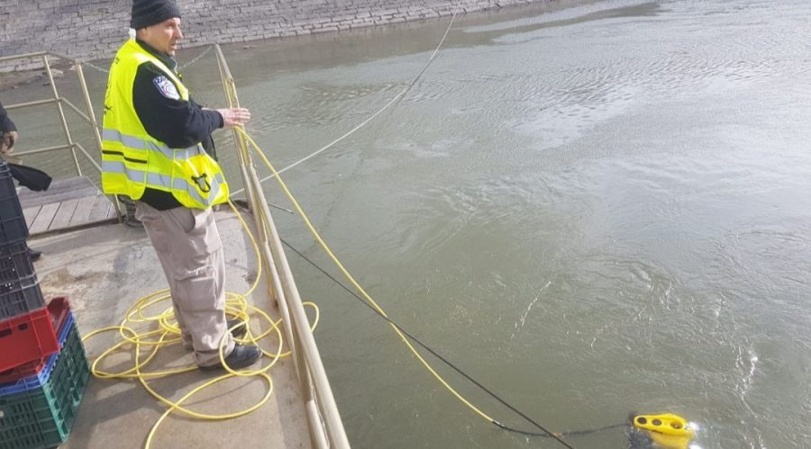 The ZAKA Divers Unit uses a special sonar device and integrated underwater camera to try to locate Holocaust victims’ bones from teh Danube River in Budapest, Hungary on Jan. 15, 2019. (Courtesy/ZAKA)