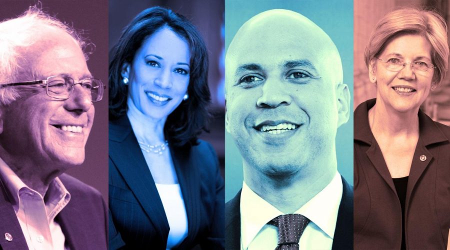 From left: Sens. Bernie Sanders, Kamala Harris, Cory Booker and Elizabeth Warren. (Wikimedia Commons)