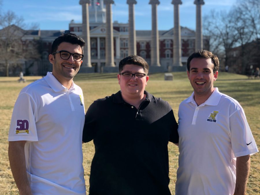 Co-Chairs Jack Bizar (left) and Jordan Bernstein flank Edan Goldfarb. The Mizzou students will take part in this year’s AEPis 50th anniversary Rock-A-Thon fundraiser in Columbia April 4-6.  